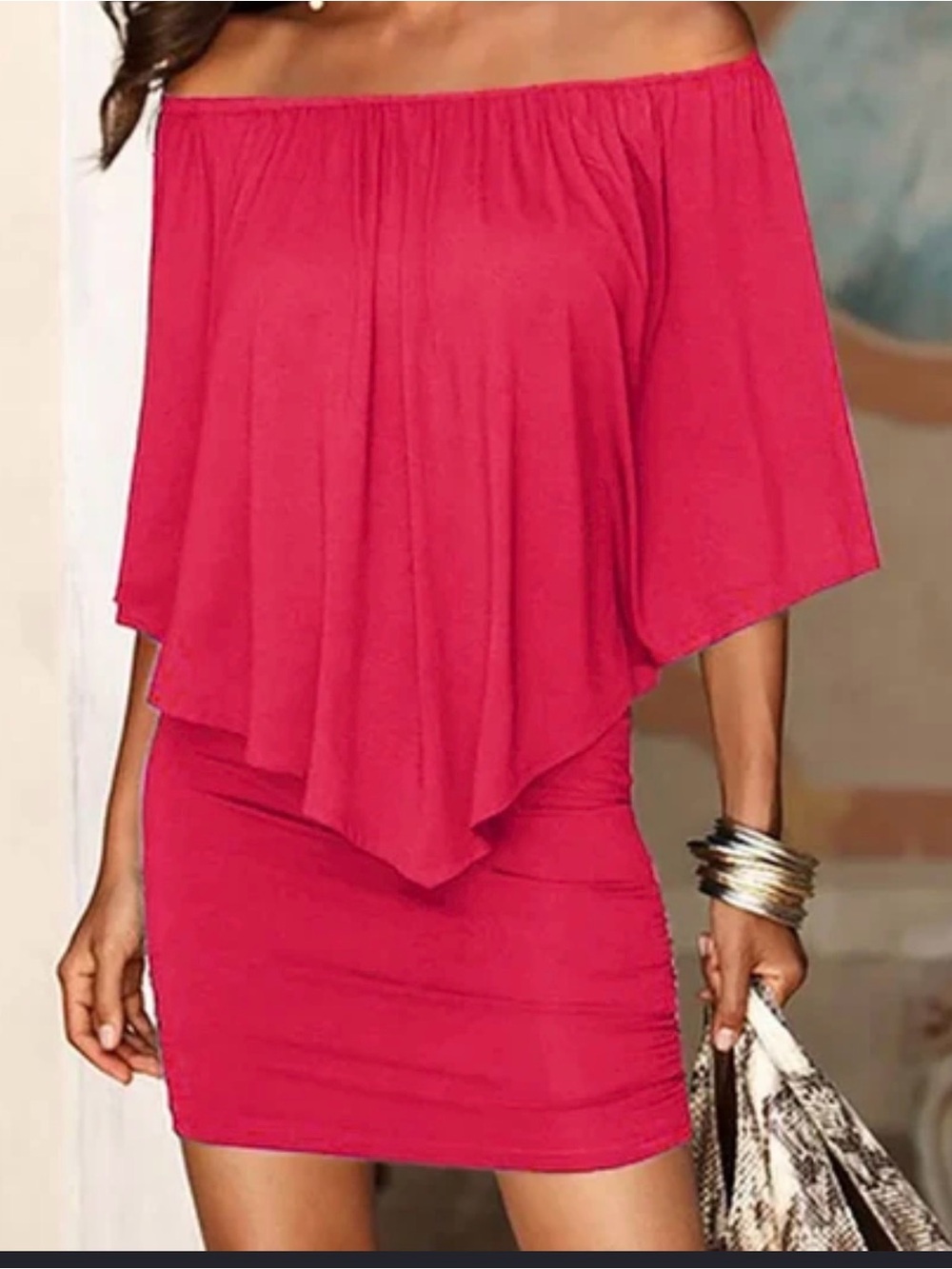 Off-Shoulder Hot Pink Layered Dress